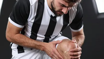 A tight waist-up shot of a young, athletic-looking player with a scruffy beard, wearing a black and white striped jersey...