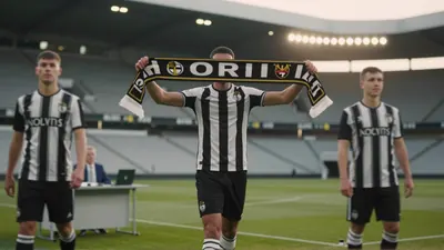 A dramatic editorial shot of a packed St James' Park under overcast sky, focusing on an anonymous Newcastle United...