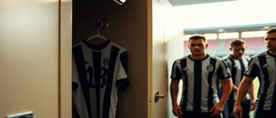 A hyper-realistic editorial shot of a preseason friendly on a sun-lit pitch: two anonymous players in plain black and...