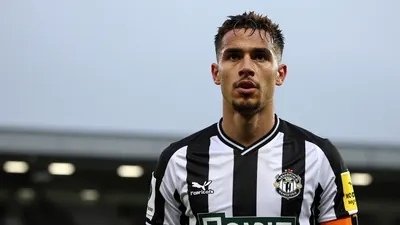 Mid-30s athletic Newcastle United forward, waist-up, intense gaze, black-white striped home shirt with crisp Magpies...