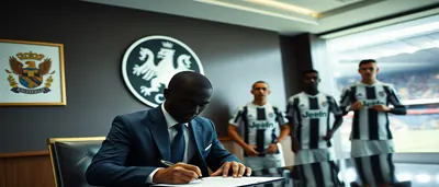 Franculino Dju, 21, sprinting with a blurred stadium crowd behind him, wearing a plain black and white Newcastle-style...