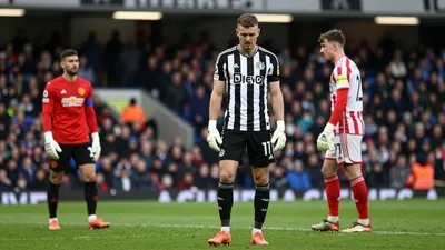 A photorealistic image of an anonymous Newcastle United player in their black and white striped kit, with a red and white...