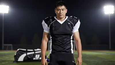 A 30-40 year old male footballer, wearing a black and white jersey with a white collar, and black shorts, with a black...
