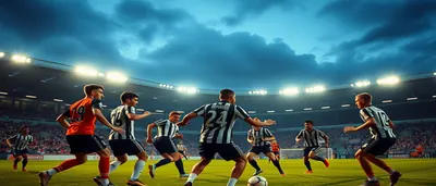 A Newcastle United striker in black-and-white striped kit celebrates scoring, arms raised, with blurred teammates in the...