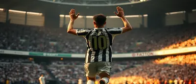Bruno Guimarães, realistic likeness, mid-30s, dark curly hair, intense expression, wearing plain black-and-white striped...