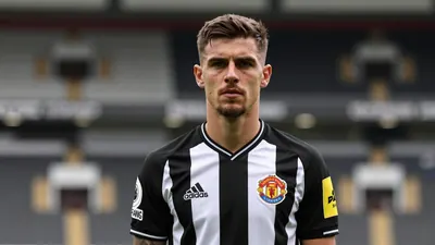 A determined 28-year-old Newcastle United midfielder, wearing the black and white home kit with the club crest on his...